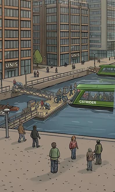 Passengers walking and rolling bikes straight aboard from a level floating dock