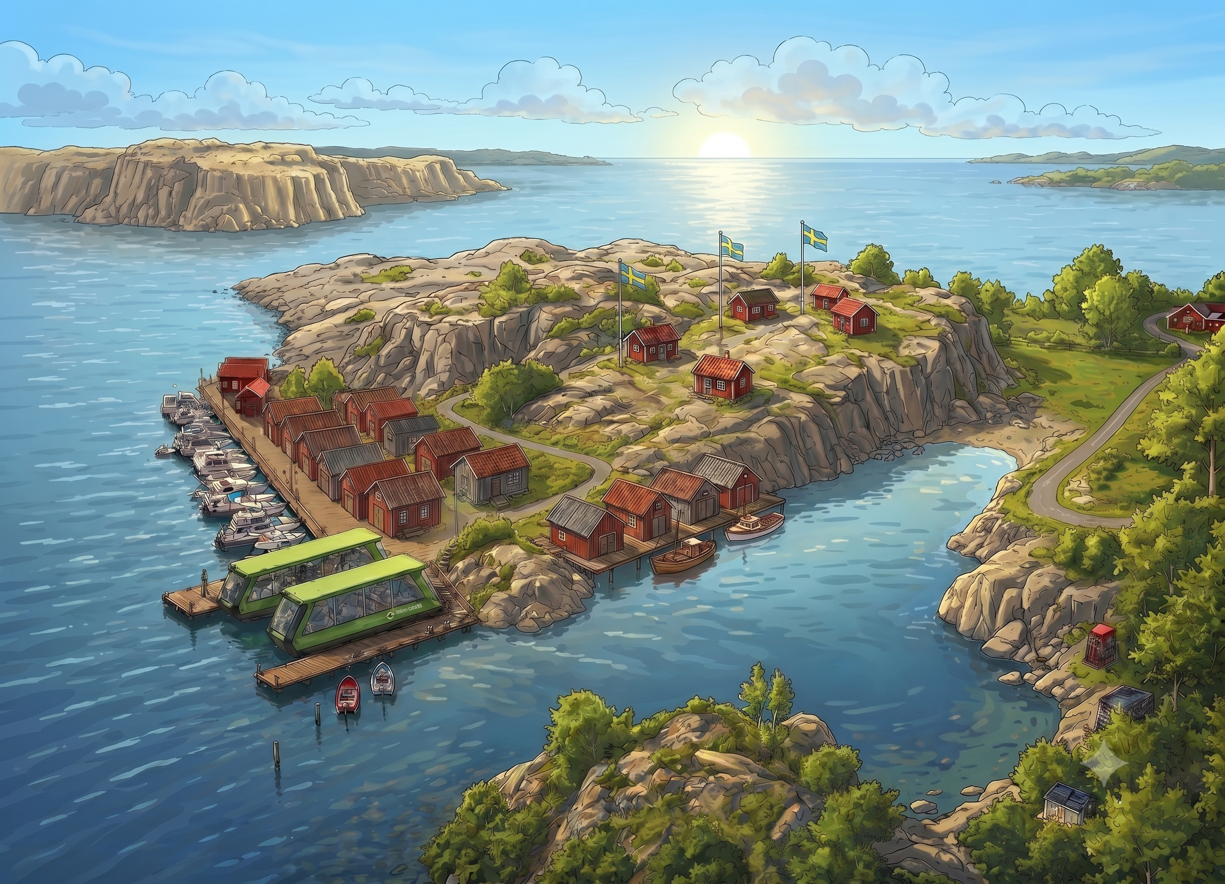 Two Cstrider ferries moored at the archipelago island in the evening